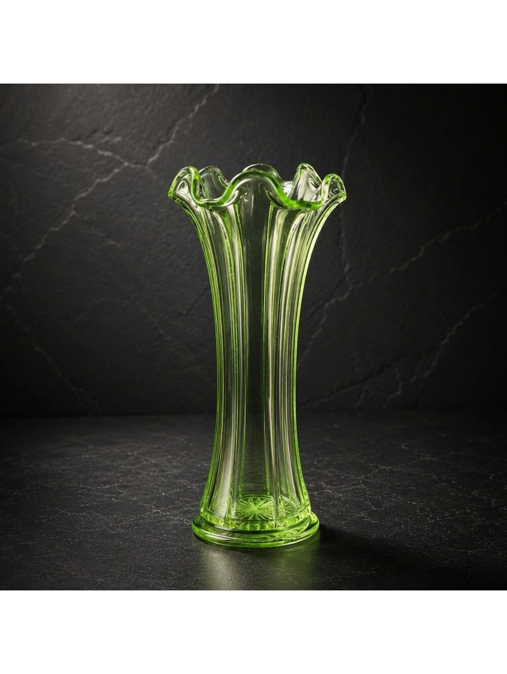 Vintage Uranium Vaseline Glass Vase Green Ruffled Rim 9.5" UV Glow